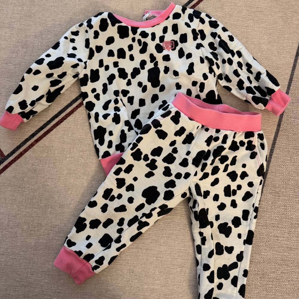 Chiara Ferragni matching cow-print sweater and pants set